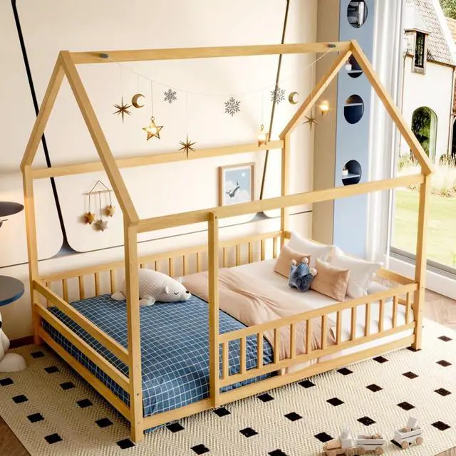 Alt view image 3 of 6 - Hassyee Twin/Full Size Wooden House Floor Bed with Fence Guardrails and Roof Frame, Sturdy Durable Open Montessori Bed, Cabin Beds for Boys Girls Teens Room Playroom Apartment Bedroom (Natural Full)