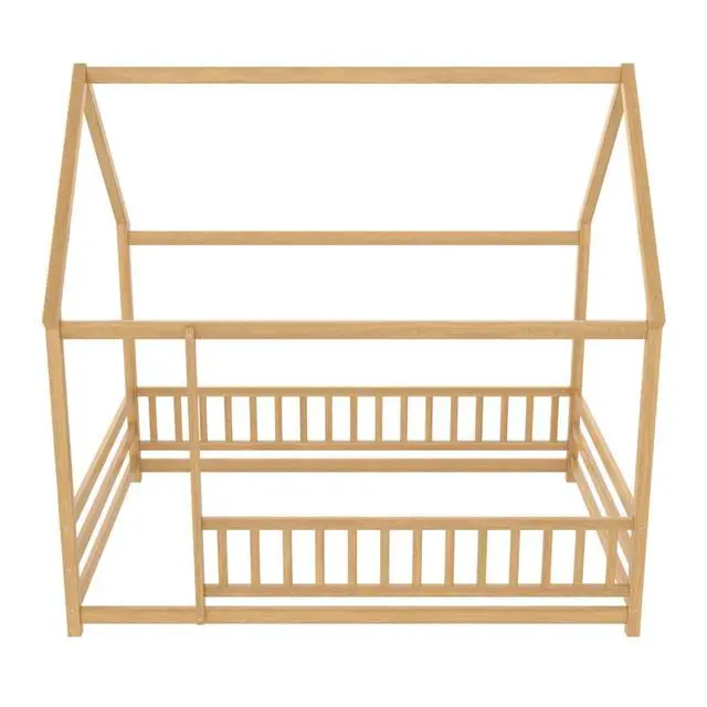 Alt view image 4 of 6 - Hassyee Twin/Full Size Wooden House Floor Bed with Fence Guardrails and Roof Frame, Sturdy Durable Open Montessori Bed, Cabin Beds for Boys Girls Teens Room Playroom Apartment Bedroom (Natural Full)