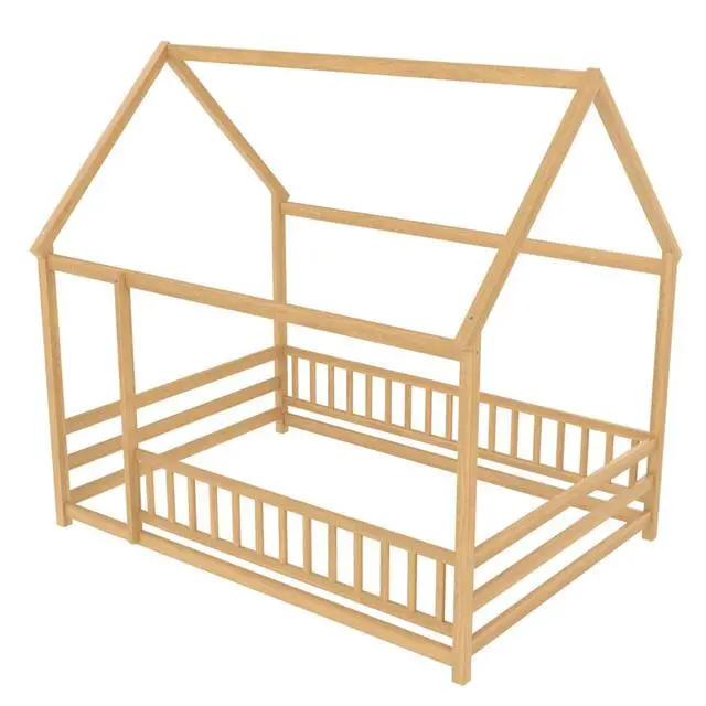 Alt view image 5 of 6 - Hassyee Twin/Full Size Wooden House Floor Bed with Fence Guardrails and Roof Frame, Sturdy Durable Open Montessori Bed, Cabin Beds for Boys Girls Teens Room Playroom Apartment Bedroom (Natural Full)