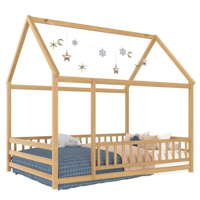 Alt view image 6 of 6 - Hassyee Twin/Full Size Wooden House Floor Bed with Fence Guardrails and Roof Frame, Sturdy Durable Open Montessori Bed, Cabin Beds for Boys Girls Teens Room Playroom Apartment Bedroom (Natural Full)