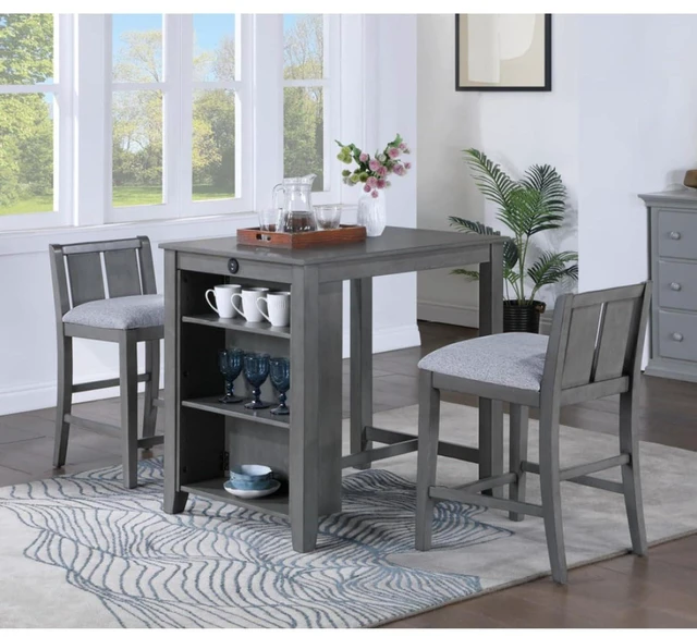 Main image of Hassyee 3-Piece Dinner Table Set with Rectangular Table and 2 Slat Back Chairs for Bar Cafe, Farmhouse Kitchen Table Set with Open Storage Shelf & Footrest for Dining Room