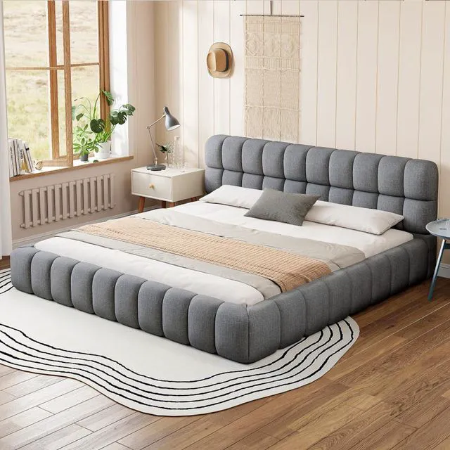 Main image of Hassyee King Size Modern Platform Bed with Upholstered Headboard, Grounded Bed with Wooden Slats Support, Mattress Base for Master Bedroom Guest Room, No Box Spring Needed (Gray King)