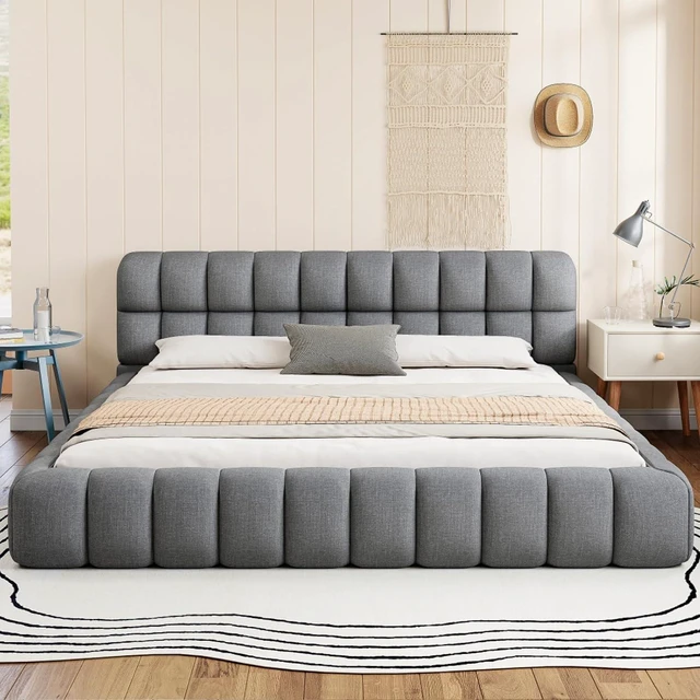 Alt view image 3 of 7 - Hassyee King Size Modern Platform Bed with Upholstered Headboard, Grounded Bed with Wooden Slats Support, Mattress Base for Master Bedroom Guest Room, No Box Spring Needed (Gray King)