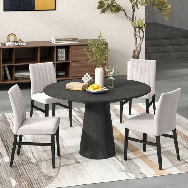 Alt view image 2 of 7 - Hassyee 5-Piece Kitchen Set with Round Table and 4 Upholstered Chairs for Home Restaurant, Modern Dining Table and Chairs Set with Stylish Pedestal Base for Dining Room (Tan)
