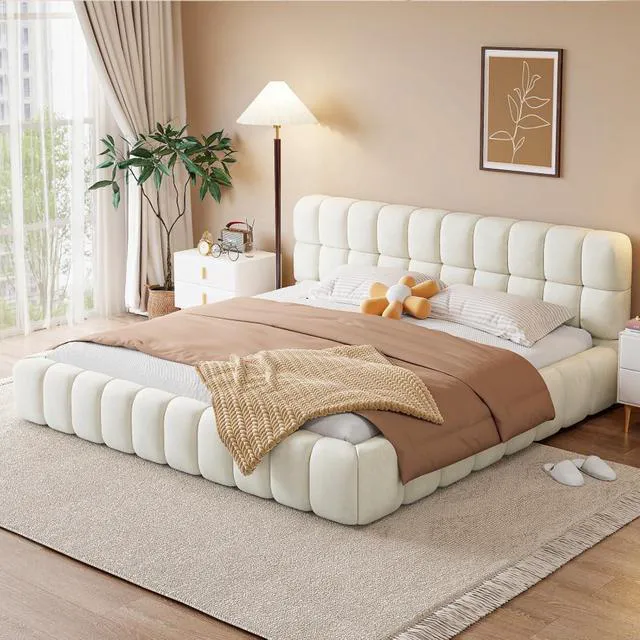 Main image of Hassyee King Size Modern Platform Bed with Upholstered Headboard, Grounded Bed with Wooden Slats Support, Mattress Base for Master Bedroom Guest Room, No Box Spring Needed (Beige King)