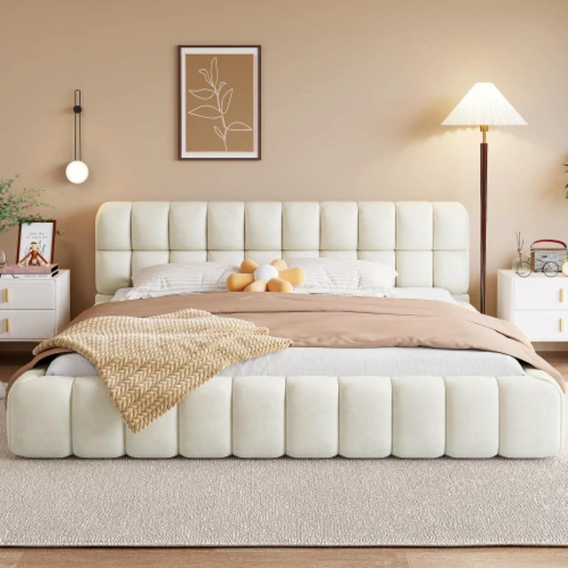 Alt view image 3 of 7 - Hassyee King Size Modern Platform Bed with Upholstered Headboard, Grounded Bed with Wooden Slats Support, Mattress Base for Master Bedroom Guest Room, No Box Spring Needed (Beige King)