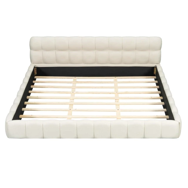 Alt view image 4 of 7 - Hassyee King Size Modern Platform Bed with Upholstered Headboard, Grounded Bed with Wooden Slats Support, Mattress Base for Master Bedroom Guest Room, No Box Spring Needed (Beige King)