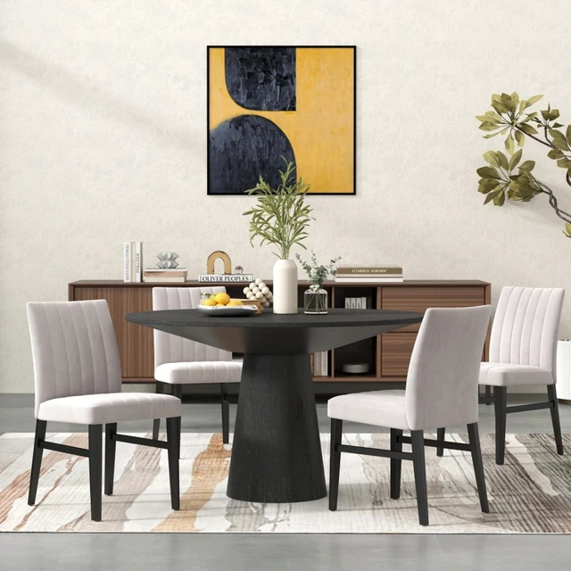 Alt view image 3 of 7 - Hassyee 5-Piece Kitchen Set with Round Table and 4 Upholstered Chairs for Home Restaurant, Modern Dining Table and Chairs Set with Stylish Pedestal Base for Dining Room (Tan)