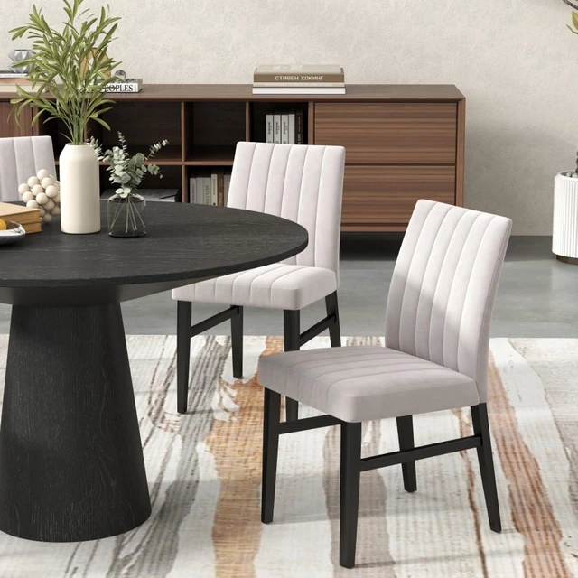Alt view image 4 of 7 - Hassyee 5-Piece Kitchen Set with Round Table and 4 Upholstered Chairs for Home Restaurant, Modern Dining Table and Chairs Set with Stylish Pedestal Base for Dining Room (Tan)