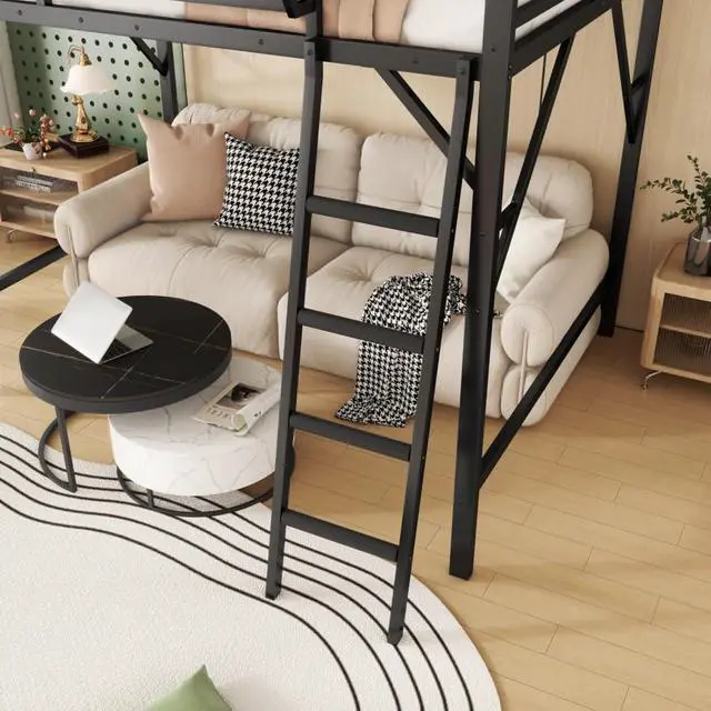 Alt view image 2 of 7 - Queen/Full Size Loft Bed with Ladder and Slats Support, Teens Metal Dorm Bed with Storage Shelves and Safety Guardrail, Corner Beds for Boys Girls Bedroom Apartment, No Box Spring Needed (Black Full)