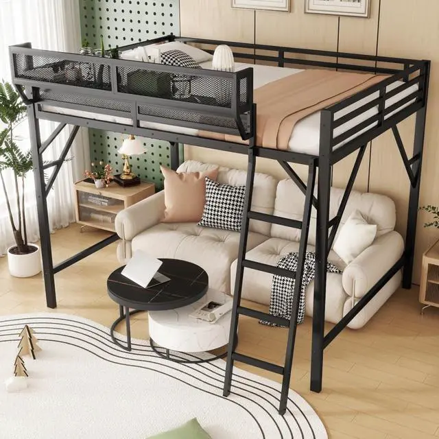 Alt view image 3 of 7 - Queen/Full Size Loft Bed with Ladder and Slats Support, Teens Metal Dorm Bed with Storage Shelves and Safety Guardrail, Corner Beds for Boys Girls Bedroom Apartment, No Box Spring Needed (Black Full)