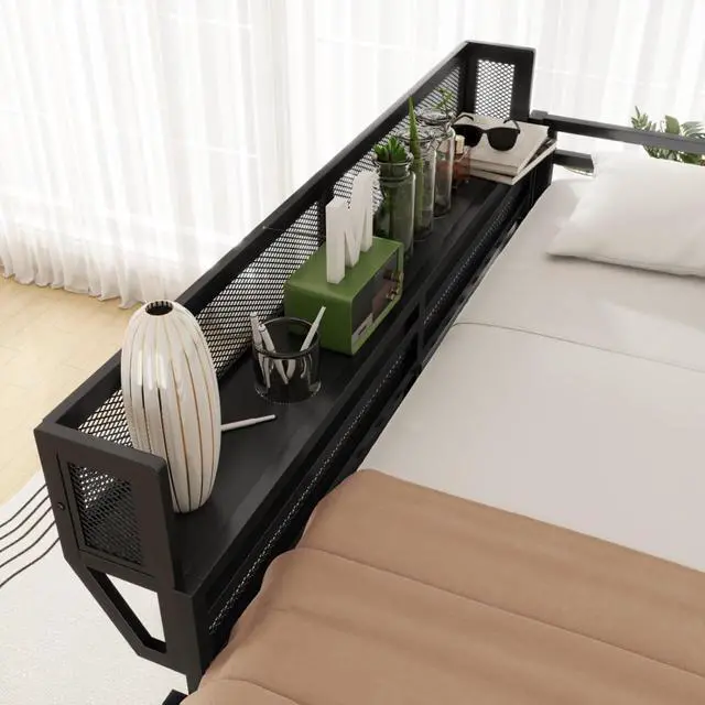 Alt view image 5 of 7 - Queen/Full Size Loft Bed with Ladder and Slats Support, Teens Metal Dorm Bed with Storage Shelves and Safety Guardrail, Corner Beds for Boys Girls Bedroom Apartment, No Box Spring Needed (Black Full)