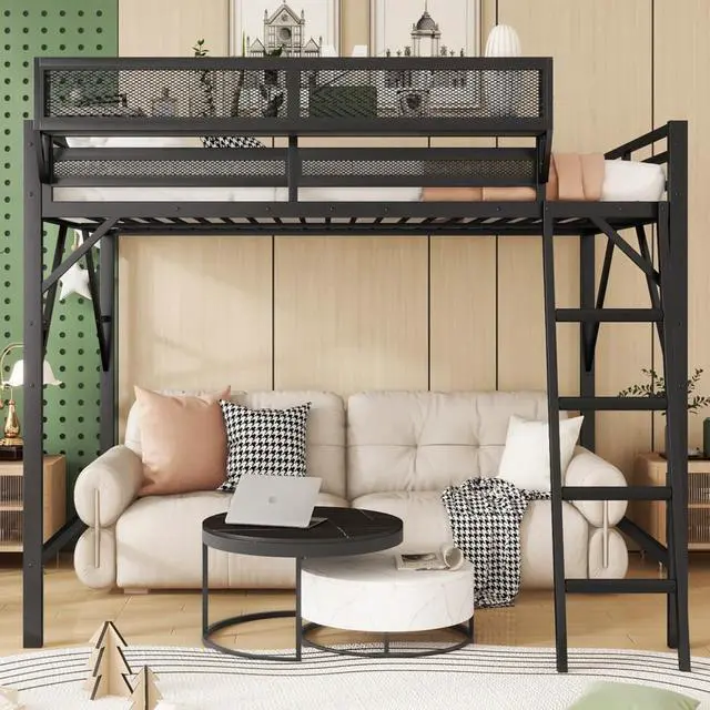 Alt view image 4 of 7 - Queen/Full Size Loft Bed with Ladder and Slats Support, Teens Metal Dorm Bed with Storage Shelves and Safety Guardrail, Corner Beds for Boys Girls Bedroom Apartment, No Box Spring Needed (Black Full)