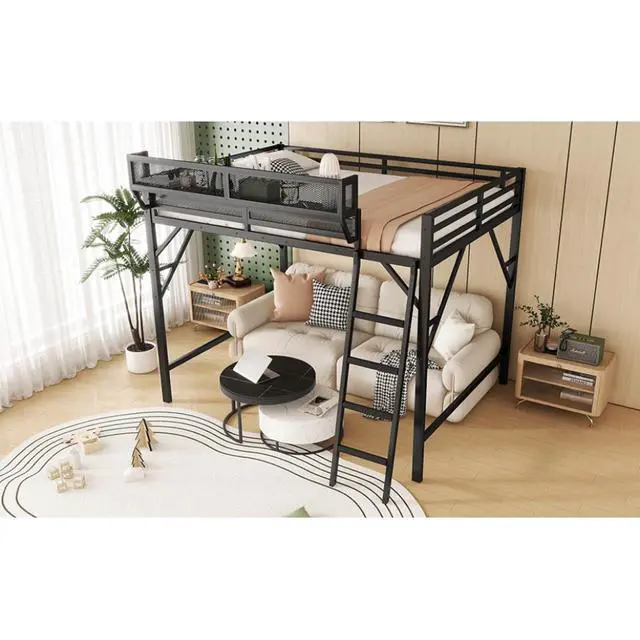 Alt view image 6 of 7 - Queen/Full Size Loft Bed with Ladder and Slats Support, Teens Metal Dorm Bed with Storage Shelves and Safety Guardrail, Corner Beds for Boys Girls Bedroom Apartment, No Box Spring Needed (Black Full)