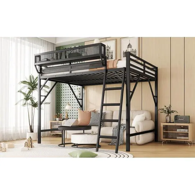 Alt view image 7 of 7 - Queen/Full Size Loft Bed with Ladder and Slats Support, Teens Metal Dorm Bed with Storage Shelves and Safety Guardrail, Corner Beds for Boys Girls Bedroom Apartment, No Box Spring Needed (Black Full)