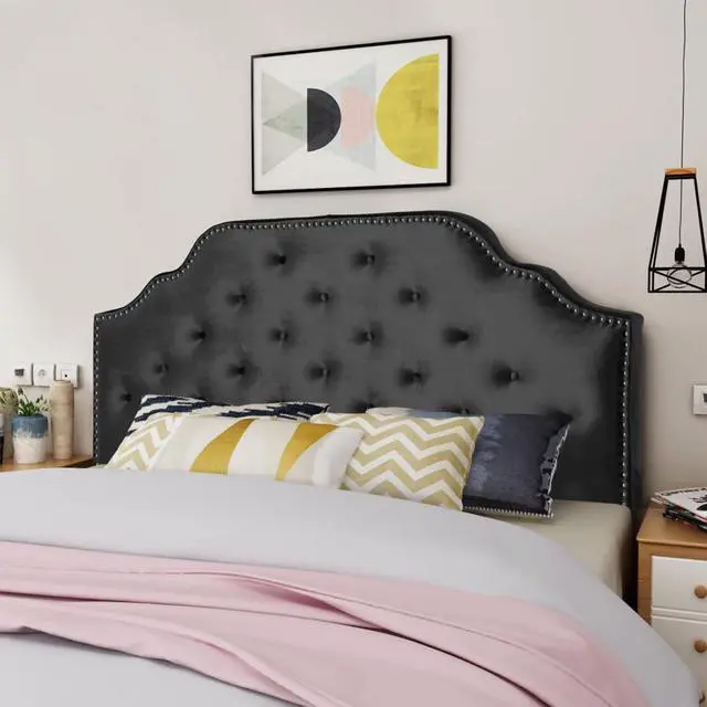 Alt view image 4 of 7 - Queen Size Button Tufted Upholstered Headboard, Modern Adjustable Height Headboard with Nailhead Trim, Quick Assembly, Elegant Decorative Bedroom Furniture for Guest Room Apartment (Black Queen)