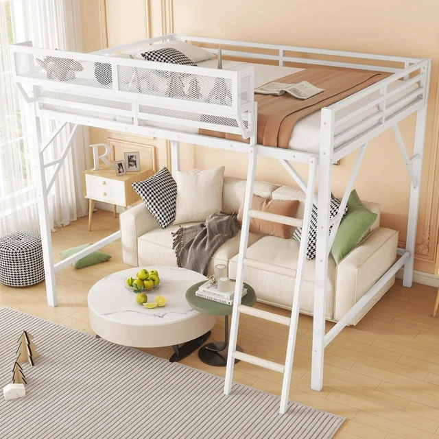 Alt view image 3 of 7 - Queen/Full Size Loft Bed with Ladder and Slats Support, Teens Metal Dorm Bed with Storage Shelves and Safety Guardrail, Corner Beds for Boys Girls Bedroom Apartment, No Box Spring Needed (White Full)