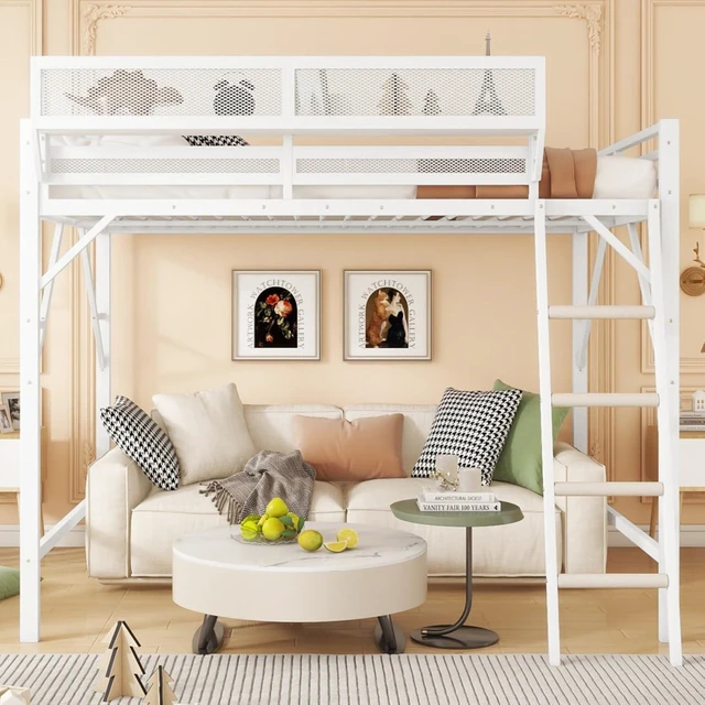 Alt view image 2 of 7 - Queen/Full Size Loft Bed with Ladder and Slats Support, Teens Metal Dorm Bed with Storage Shelves and Safety Guardrail, Corner Beds for Boys Girls Bedroom Apartment, No Box Spring Needed (White Full)