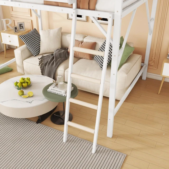Alt view image 4 of 7 - Queen/Full Size Loft Bed with Ladder and Slats Support, Teens Metal Dorm Bed with Storage Shelves and Safety Guardrail, Corner Beds for Boys Girls Bedroom Apartment, No Box Spring Needed (White Full)