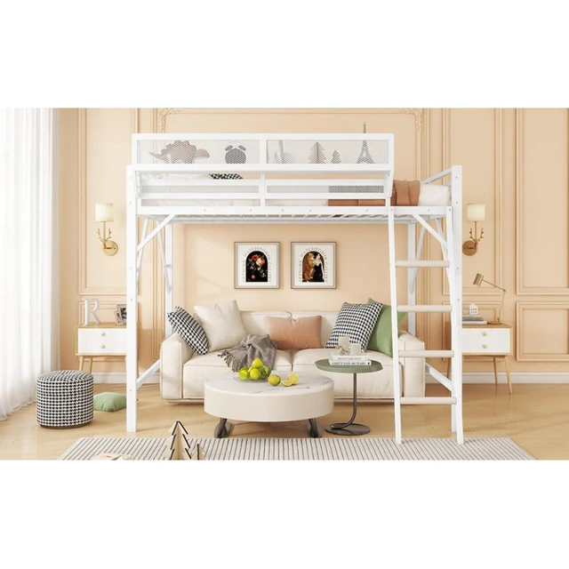 Alt view image 6 of 7 - Queen/Full Size Loft Bed with Ladder and Slats Support, Teens Metal Dorm Bed with Storage Shelves and Safety Guardrail, Corner Beds for Boys Girls Bedroom Apartment, No Box Spring Needed (White Full)
