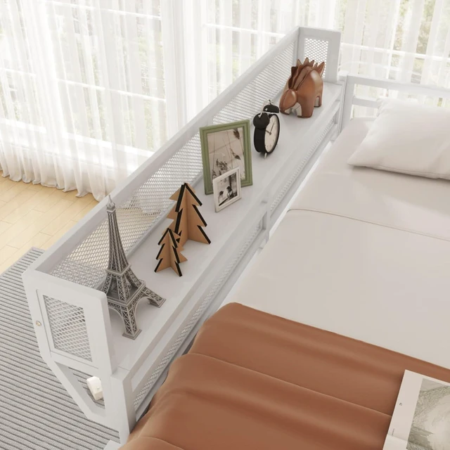 Alt view image 5 of 7 - Queen/Full Size Loft Bed with Ladder and Slats Support, Teens Metal Dorm Bed with Storage Shelves and Safety Guardrail, Corner Beds for Boys Girls Bedroom Apartment, No Box Spring Needed (White Full)