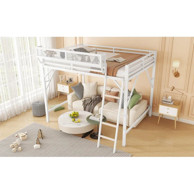 Alt view image 7 of 7 - Queen/Full Size Loft Bed with Ladder and Slats Support, Teens Metal Dorm Bed with Storage Shelves and Safety Guardrail, Corner Beds for Boys Girls Bedroom Apartment, No Box Spring Needed (White Full)