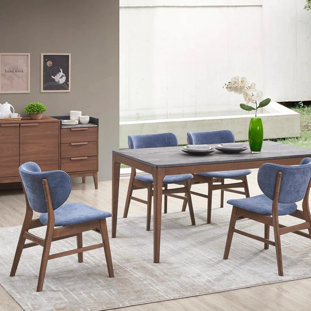 Alt view image 2 of 7 - Hassyee 5-Piece Dining Table and Chairs Set with Rectangular Table and 4 Upholstered Chairs for 4, Modern Dining Sets with Faux Marble Tabletop for Dining Room and Kitchen (Blue + Dark Gray)