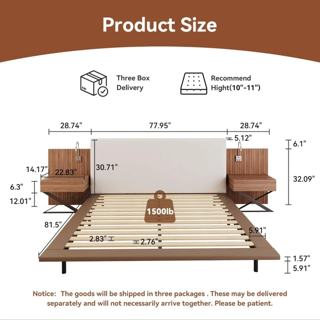 Alt view image 2 of 7 - King Size Fabric Upholstered Platform Bed w/Tufted Headboard & Wooden Slats for Teens Adults,Modern Panel Bed Frame Mattress Foundation w/Reading Lamps & 2 Bedside Tables for Master Bedroom Guest Room