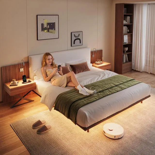 Alt view image 3 of 7 - King Size Fabric Upholstered Platform Bed w/Tufted Headboard & Wooden Slats for Teens Adults,Modern Panel Bed Frame Mattress Foundation w/Reading Lamps & 2 Bedside Tables for Master Bedroom Guest Room