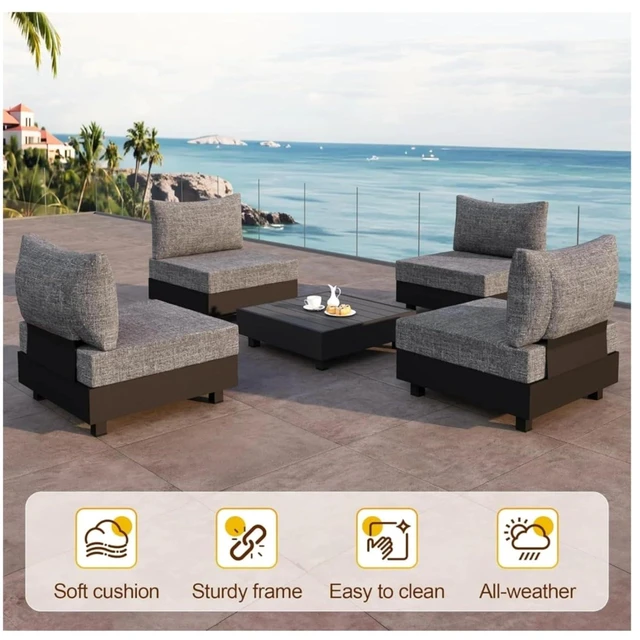 Alt view image 6 of 7 - Hassyee Grey Modular Outdoor Armless Chairs w/Aluminum Frame for Garden, All Weather Patio Lounge Chairs Sectional Sofa Modules w/Thick Olefin Cushions for Porch, Balcony, Deck, Set of 2 (Chairs)