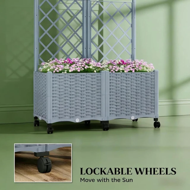 Alt view image 2 of 7 - Hassyee Mobile Raised Garden Bed with Lockable Wheels and Trellis for Growing Flowers, Plants, Outdoor Plastic Planter Box with Drainage Holes and Self-Watering System for Backyard, Lawn (Gray)