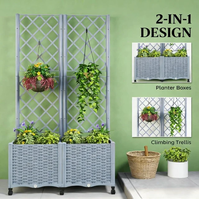 Alt view image 3 of 7 - Hassyee Mobile Raised Garden Bed with Lockable Wheels and Trellis for Growing Flowers, Plants, Outdoor Plastic Planter Box with Drainage Holes and Self-Watering System for Backyard, Lawn (Gray)