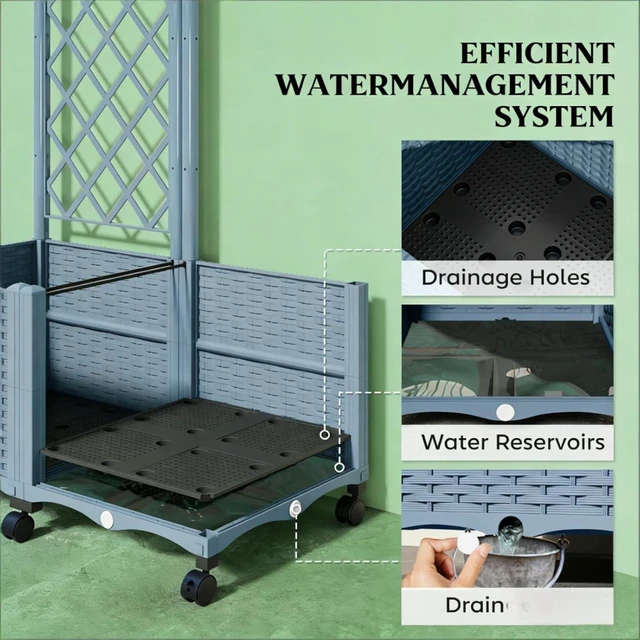 Alt view image 4 of 7 - Hassyee Mobile Raised Garden Bed with Lockable Wheels and Trellis for Growing Flowers, Plants, Outdoor Plastic Planter Box with Drainage Holes and Self-Watering System for Backyard, Lawn (Gray)