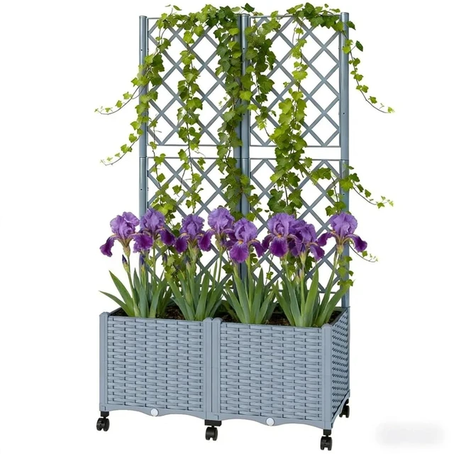 Alt view image 5 of 7 - Hassyee Mobile Raised Garden Bed with Lockable Wheels and Trellis for Growing Flowers, Plants, Outdoor Plastic Planter Box with Drainage Holes and Self-Watering System for Backyard, Lawn (Gray)