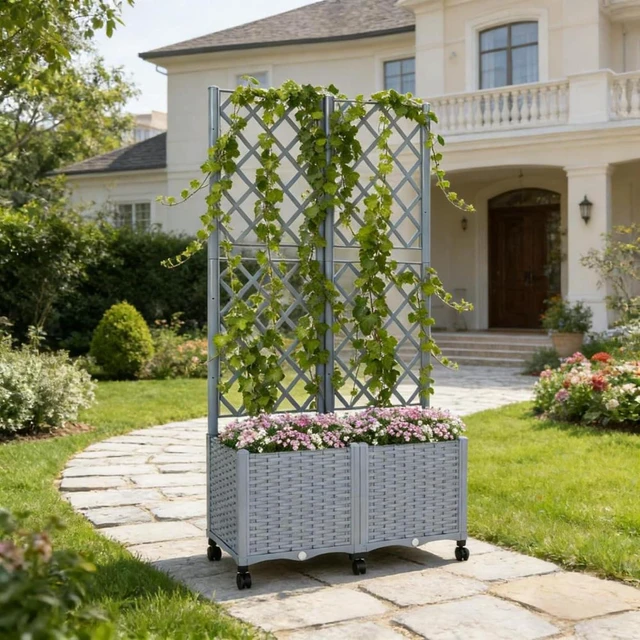 Alt view image 6 of 7 - Hassyee Mobile Raised Garden Bed with Lockable Wheels and Trellis for Growing Flowers, Plants, Outdoor Plastic Planter Box with Drainage Holes and Self-Watering System for Backyard, Lawn (Gray)