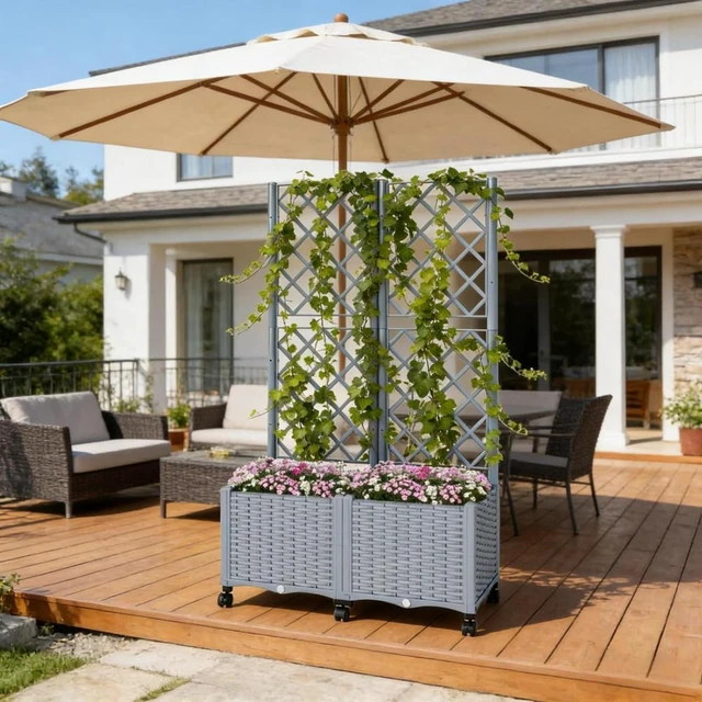 Alt view image 7 of 7 - Hassyee Mobile Raised Garden Bed with Lockable Wheels and Trellis for Growing Flowers, Plants, Outdoor Plastic Planter Box with Drainage Holes and Self-Watering System for Backyard, Lawn (Gray)