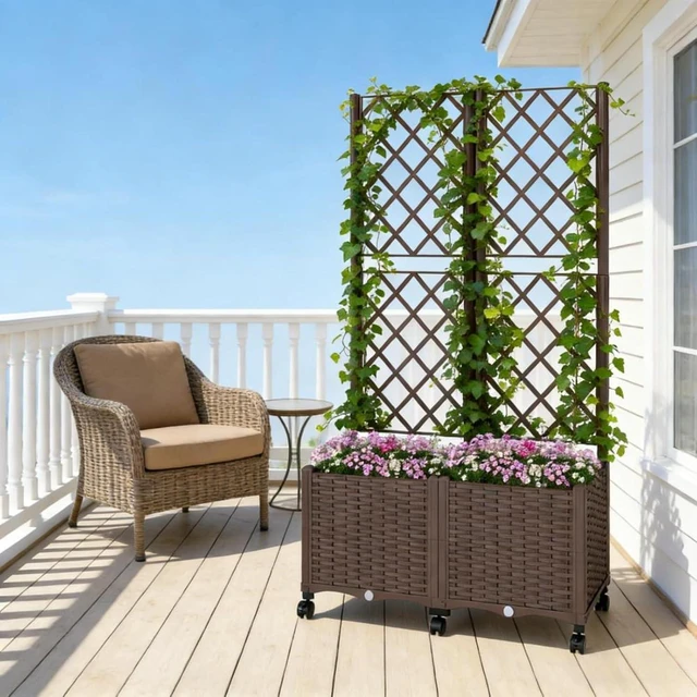 Alt view image 2 of 7 - Hassyee Mobile Raised Garden Bed with Lockable Wheels and Trellis for Growing Flowers, Plants, Outdoor Plastic Planter Box with Drainage Holes and Self-Watering System for Backyard, Lawn (Brown)