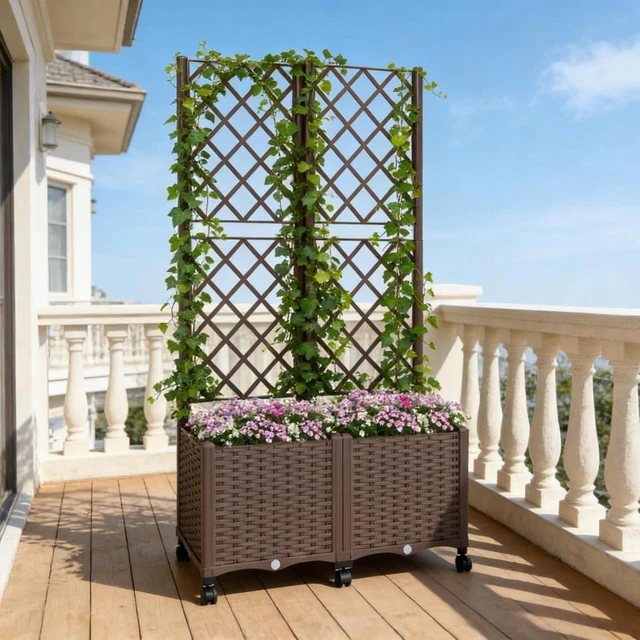 Alt view image 3 of 7 - Hassyee Mobile Raised Garden Bed with Lockable Wheels and Trellis for Growing Flowers, Plants, Outdoor Plastic Planter Box with Drainage Holes and Self-Watering System for Backyard, Lawn (Brown)