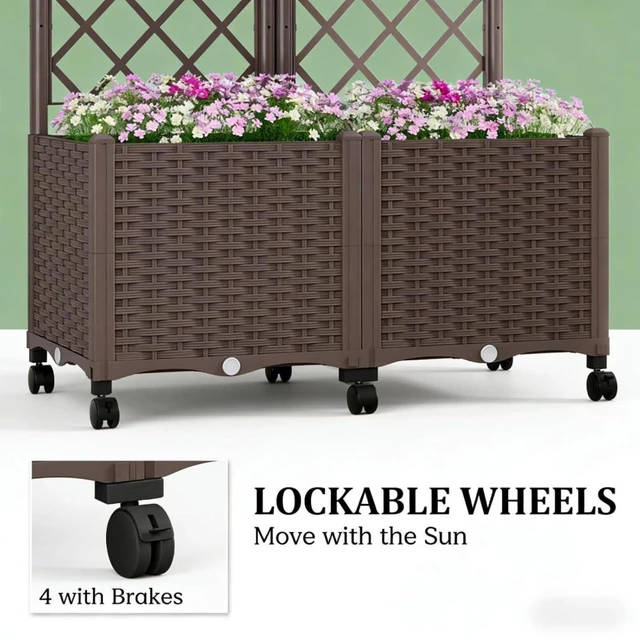 Alt view image 4 of 7 - Hassyee Mobile Raised Garden Bed with Lockable Wheels and Trellis for Growing Flowers, Plants, Outdoor Plastic Planter Box with Drainage Holes and Self-Watering System for Backyard, Lawn (Brown)