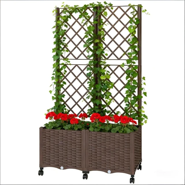 Alt view image 5 of 7 - Hassyee Mobile Raised Garden Bed with Lockable Wheels and Trellis for Growing Flowers, Plants, Outdoor Plastic Planter Box with Drainage Holes and Self-Watering System for Backyard, Lawn (Brown)