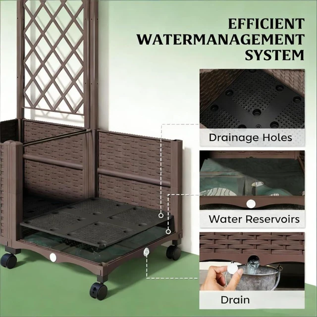 Alt view image 7 of 7 - Hassyee Mobile Raised Garden Bed with Lockable Wheels and Trellis for Growing Flowers, Plants, Outdoor Plastic Planter Box with Drainage Holes and Self-Watering System for Backyard, Lawn (Brown)