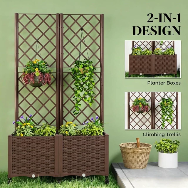 Alt view image 6 of 7 - Hassyee Mobile Raised Garden Bed with Lockable Wheels and Trellis for Growing Flowers, Plants, Outdoor Plastic Planter Box with Drainage Holes and Self-Watering System for Backyard, Lawn (Brown)