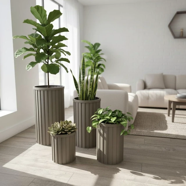 Alt view image 7 of 7 - Hassyee Round Strata Column Planter with Lightweight Aluminum Frame for Backyard, Lawn, Patio, Outdoor Flower Pot with Wood-Tone Powder-Coat Finish for Growing Flowers, Plants