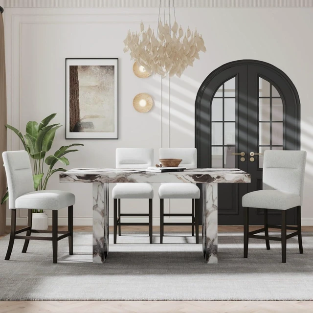 Alt view image 2 of 7 - Hassyee 5-Piece Rectangular Dinner Table Set with Faux Marble Tabletop and 4 Fabric Upholstered Chairs for 4, Contemporary Kitchen Set with Solid Wood Frame for Family Gathering