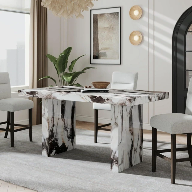 Alt view image 3 of 7 - Hassyee 5-Piece Rectangular Dinner Table Set with Faux Marble Tabletop and 4 Fabric Upholstered Chairs for 4, Contemporary Kitchen Set with Solid Wood Frame for Family Gathering