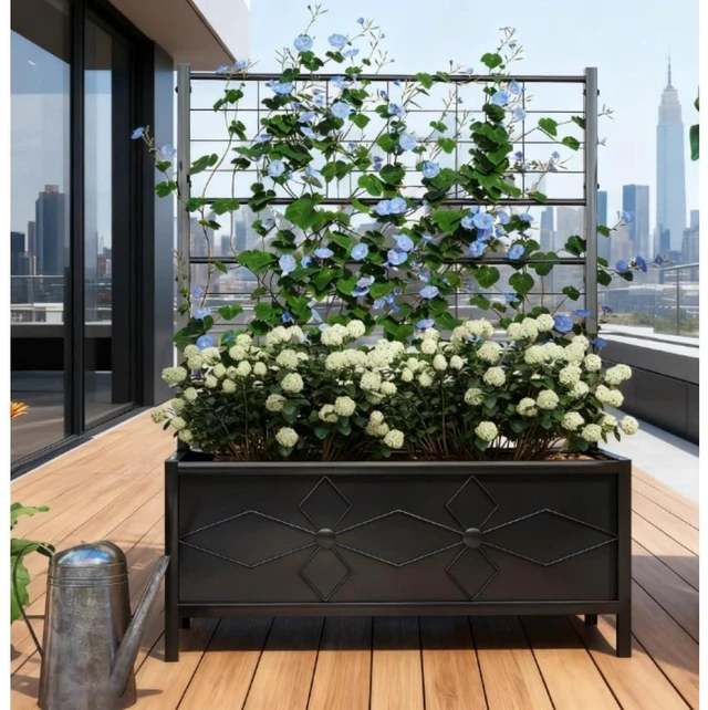 Main image of Metal Garden Bed with Diamond Pattern Trellis and Legs for Growing Vegetables, Flowers, Plants, Outdoor Planter Box with Steel Frame and Drainage Holes for Backyard, Lawn (Black)