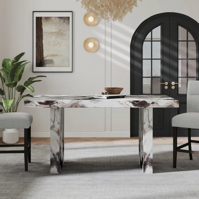 Alt view image 6 of 7 - Hassyee 5-Piece Rectangular Dinner Table Set with Faux Marble Tabletop and 4 Fabric Upholstered Chairs for 4, Contemporary Kitchen Set with Solid Wood Frame for Family Gathering
