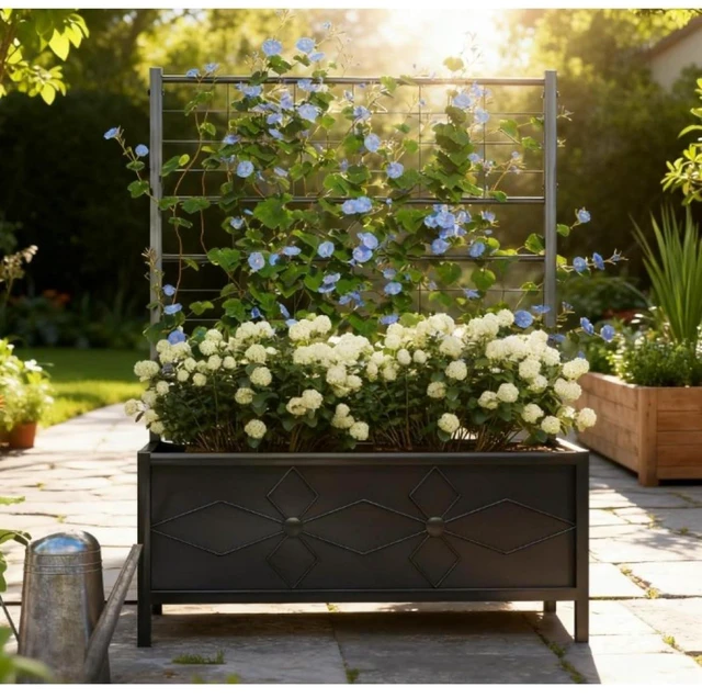 Alt view image 3 of 7 - Metal Garden Bed with Diamond Pattern Trellis and Legs for Growing Vegetables, Flowers, Plants, Outdoor Planter Box with Steel Frame and Drainage Holes for Backyard, Lawn (Black)
