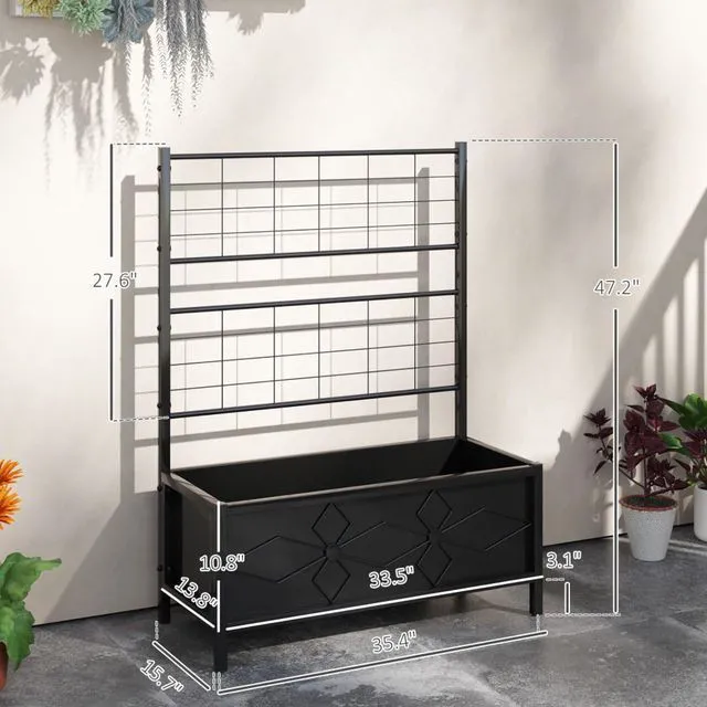Alt view image 4 of 7 - Metal Garden Bed with Diamond Pattern Trellis and Legs for Growing Vegetables, Flowers, Plants, Outdoor Planter Box with Steel Frame and Drainage Holes for Backyard, Lawn (Black)