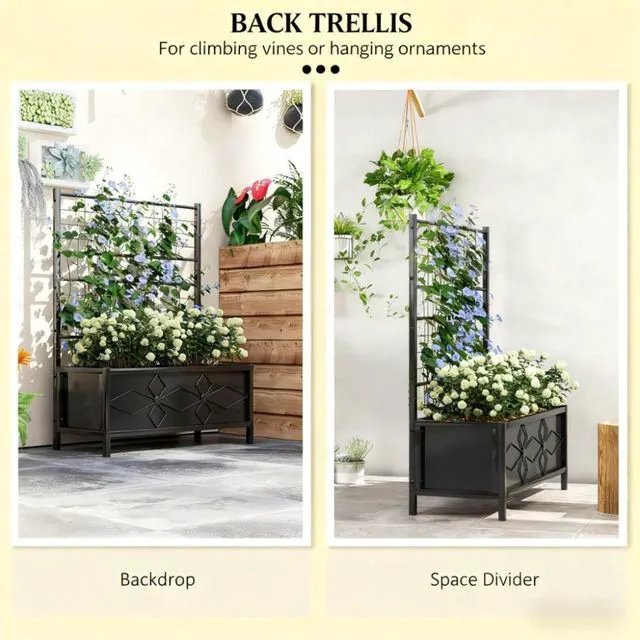 Alt view image 5 of 7 - Metal Garden Bed with Diamond Pattern Trellis and Legs for Growing Vegetables, Flowers, Plants, Outdoor Planter Box with Steel Frame and Drainage Holes for Backyard, Lawn (Black)